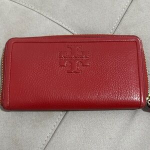 Tory Burch Cherry Red Leather Zip Wallet